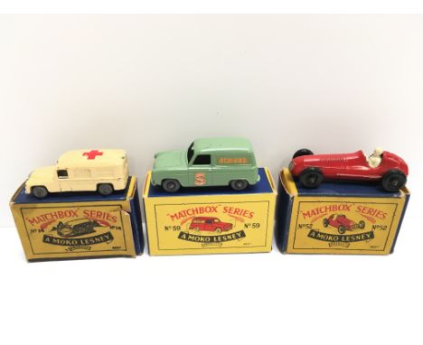 Three Moko Lesney Matchbox 1-75 series regular wheel models: 14 Ambulance (G in G/F box); 52 Maserati 4CLT/1948 (G/VG in G/VG