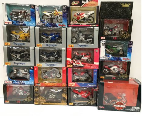 Quantity of 1/18 diecast Motorcycle models by Bburago, Maisto and others, includes Paul's Model Art Cycle Line BMW R 1100RT a