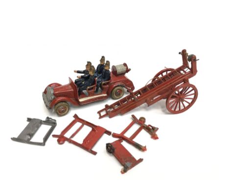 Taylor and Barrett Fire Engine and Escape, with metal hose reel and four firemen figures. F condition with loose parts for re