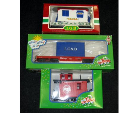 LGB 2 x Cargo Flats and a Caboose - 90963 LB Cargo Flat with LG&B Container, 41370 Flat with CASSA Wagon and 94065 Lake Georg