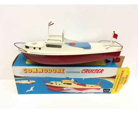 Sutcliffe Commodore Clockwork Cruiser: tinplate model with red hull, white deck, 'Commodore' to side, flag, mast and windscre