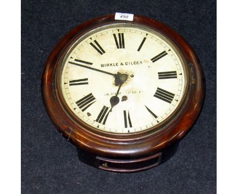 A Birkle and Dilger PO Wooden Wall Clock with White enamel face, standard movement, Key and Pendulum. Excellent.