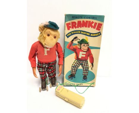Alps (Japan) Frankie The Roller Skating Monkey: tinplate frame with plastic hands and feet with rollers, velveteen face, red 