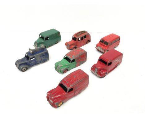 Seven Dinky and Corgi Toys commercial die-cast models, includes 471 Austin Van 'Nestle's'. Playworn and unboxed. 