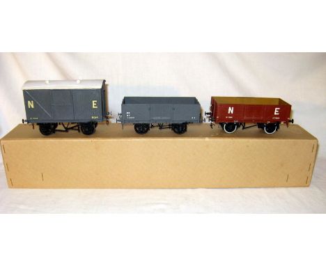 3 x Kit Built 0 Gauge NE Wagons - ABS Brown 6 Plank 12T Open Wagon #177410and another #144895 in Grey Livery - both expertly 