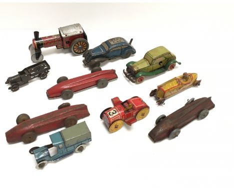 Nine miniature tinplate models by various German and other manufacturers, includes a Distler 'Ess Dee' (Germany) Racing Car f
