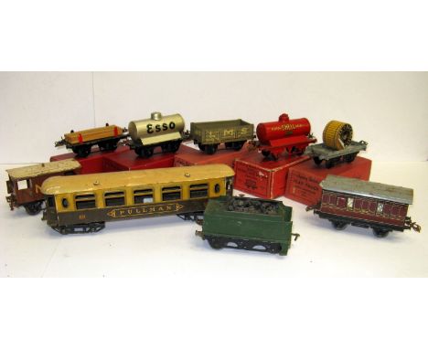 HORNBY 0 Gauge Wagons and Coaches - No1 Timber Wagon, Esso Silver Tanker and Shell Red Tanker (all Good Boxed), an LMS Open W