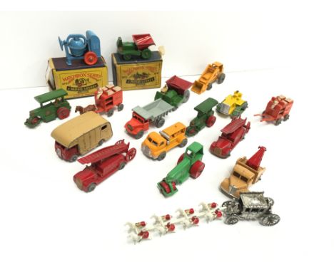 Quantity of Moko Lesney Matchbox 1-75 series models, includes 1a Road Roller, F-G unboxed. Together with a miniature Coronati