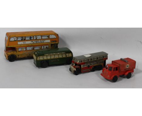 A WELLS BRIMTOY POCKETOY TINPLATE GREEN LINE BUS ACW 507, a Brimtoy  Pocketoy tinplate clockwork double deck bus (with key), 