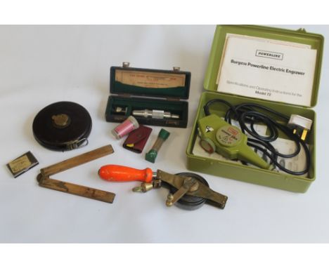 A BOX OF COLLECTABLES to include a 'Rabone, Chesterman' steel measure in brass frame, a Burgess Powerline model 72 engraver e