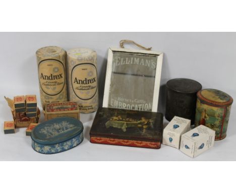 A SMALL ADVERTISING MIRROR FOR 'ELLIMAN'S EMBROCATION FOR HORSES & CATTLE', old tins and two packs of vintage Andrex toilet p