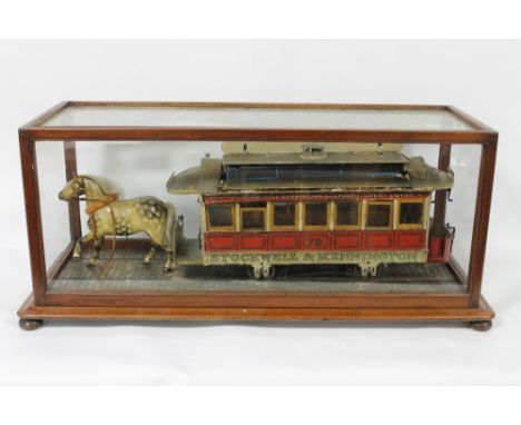 A LARGE SCALE MODEL OF A HORSE DRAWN LONDON TRAM WAY CO LTD. TRAM CAR No. 79 CLAPHAM TO ELEPHANT AND CASTLE, with notice to r