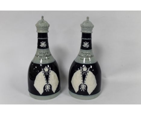 TWO 1911 SPODE 'ANDREW USHER & CO. DISTILLERS, EDINBURGH' CORONATION CROWN TOP DECANTERS, H 25 cm  (2)