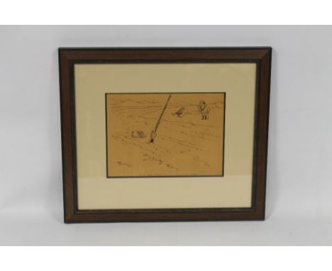 H. M. BATEMAN - 'HAD ANY LUCK?' A FRAMED AND GLAZED PEN AND INK DRAWING, signed and dated 1918 18 cm x 24 cm