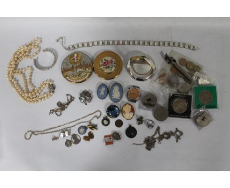 A BOX OF ASSORTED VINTAGE JEWELLERY, to include a cameo brooch, various Wedgwood types, compacts, etc 