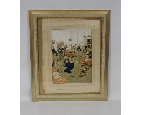 H. M. BATEMAN - 'THE OFFICE GETS WORD THAT THE BOSS MISSED THE BOAT BACK FROM AMERICA' A FRAMED AND GLAZED PEN, INK AND WATER