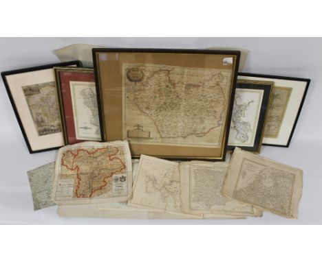 A QUANTITY OF 18TH & 19TH CENTURY MAPS to include framed and glazed Robert Morden of Leicestershire, Thomas Kitchin of Derbys
