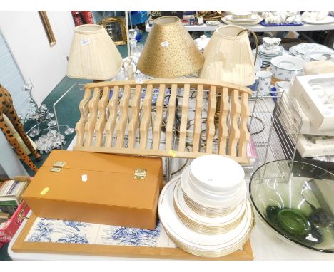 Household effects, etc., tile tray, various table lamps, articulated lamp, CD racks including a hanging example, Royal Worces