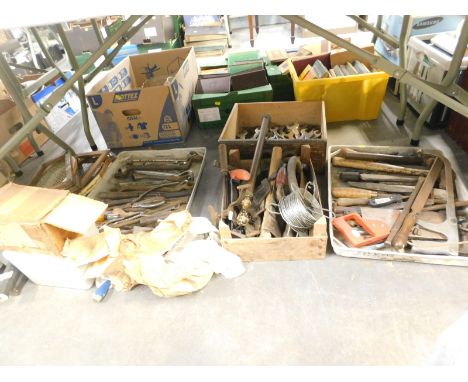 Various tools, hand tools, saw, metal tools, tennis rackets with stretchers to include Slazenger, etc. (contents under 1 tabl