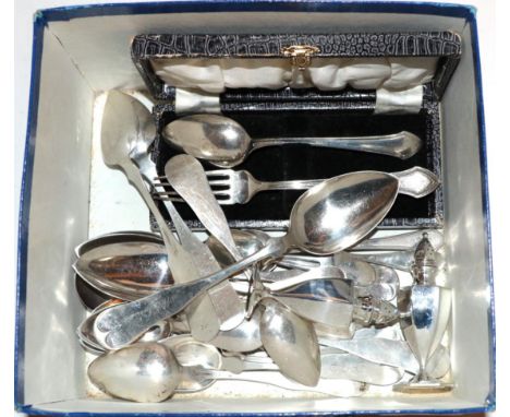 A group of American silver, including: a set of eight coin silver spoons, by Fiske and Goddard, engraved with initials; a pai