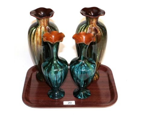 A pair of Linthorpe pottery vases, shape 998, both with retailers label 'Dickinson &amp; Benson Middlesbrough Glass and China