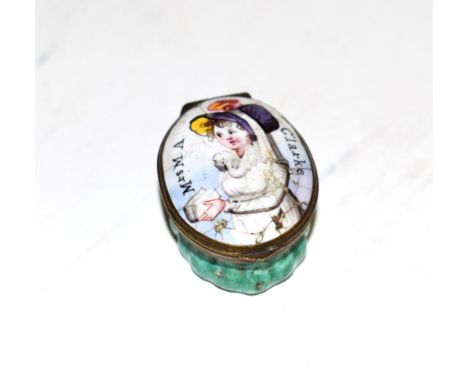 A late 18th century Bilston enamel patch pot 'Mrs M.A. Clarke' with portrait, mirrored interior, green body (a.f.)