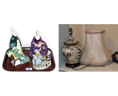 Three Royal Doulton figures; a Sitzendorf group of two dancers; and a Japanese lamp and shade