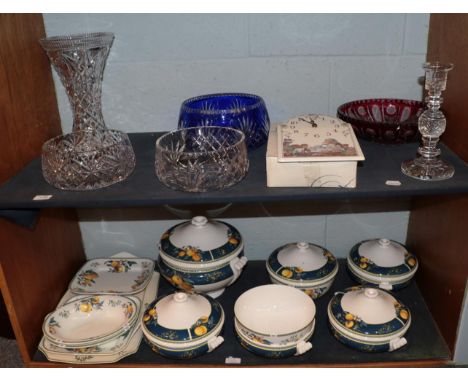 A group of good cut glass vases and bowls; a part dinner service; Villeroy &amp; Boch clock etc 