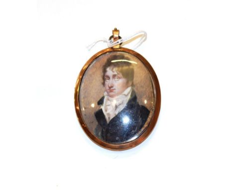 English school (19th century) Miniature bust portrait of a gentleman, wearing a white stock and blue jacket, on ivory, oval, 