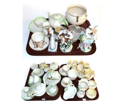 A collection of Belleek ceramics including: teapots; bowls; small baskets; cups and saucers; two late 19th century Continenta