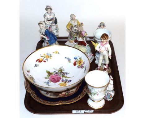 A Meissen style porcelain figure of a flower seller, marked R1762; with other Continental figures; a Royal Worcester figure; 