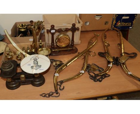 A good collection of brass including various scales such as salters, horses harness, weights, etc