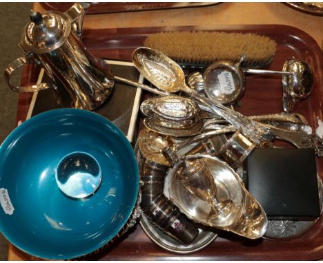 A collection of assorted silver and silver plate, including: a set of Georgian silver table-spoons and a sauce-ladle, later c