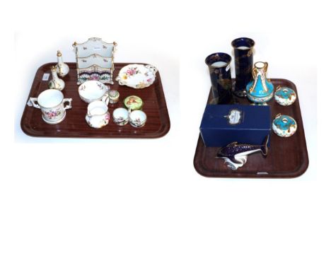 A selection of late 19th/20th century ceramics including a pair of Derby scent bottles and stoppers; Royal Crown Derby dolphi