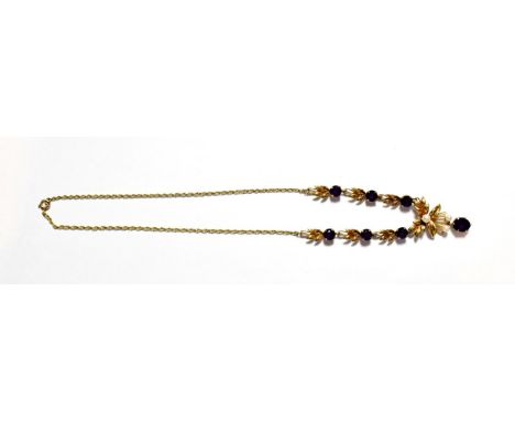 An amethyst and cultured pearl necklace, stamped '9' and '.375', length 45cm .  Gross weight 14.3 grams.