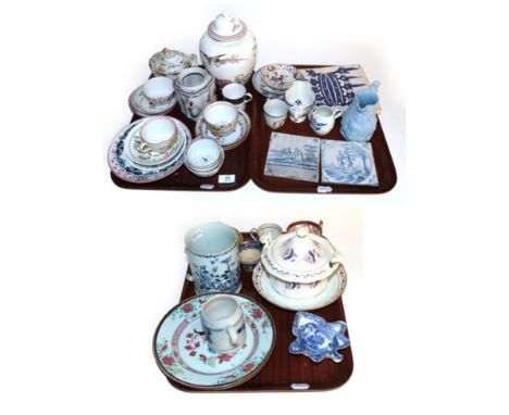 A selection of 18th/19th century ceramics including: Chinese and English tea bowls and saucers; blue and white tiles; blue an