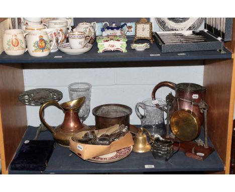 A 19th century engraved glass celery vase; two 19th century Imari decorate plates; a quantity of brass and copper; a trivet; 