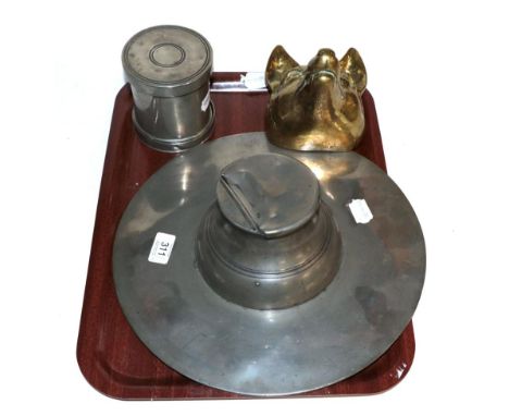 Pewter mould, pewter inkstand dish etc, brass bed warming pan and a set of early fire irons