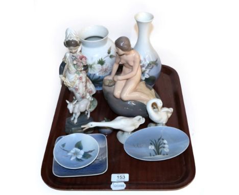 A tray including assorted Royal Copenhagen figures and vases; together with a Lladro figure of a Spanish lady 