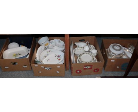 Four boxes including: Wedgwood Marguerite pattern dinner wares; Royal Worcester Astley pattern dinner wares; Wedgwood Beacons