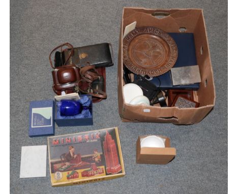 A tray including military compass; binoculars; assorted cameras; Minibrix game etc