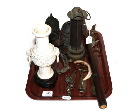 A Chinese ivory vase; a Katar; an opium pipe; Indian metalwares; and a miners lamp (qty)