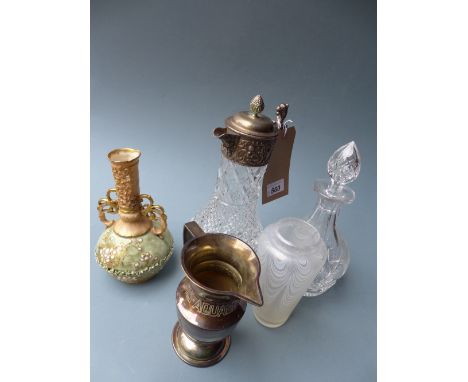 A silver plated claret jug, a pair of Austrian vases, a decanter, glass vase and plated jug (7)