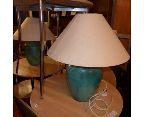 A pair of green glazed ceramic table lamps with shades, H 65cm 