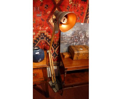 A contemporary Scandinavian design anglepoise standard lamp with adjustable oak stem and brushed copper shade, 157cm Height