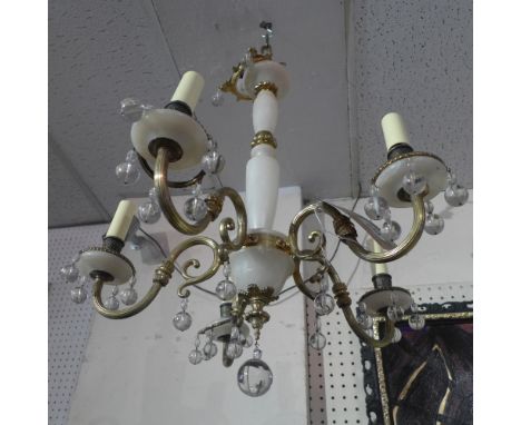 A five branch gilt metal and alabaster chandelier 