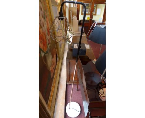 An industrial design standard lamp, with copper tubular supports stem on white marble base and chrome geometric shade, 156cm 