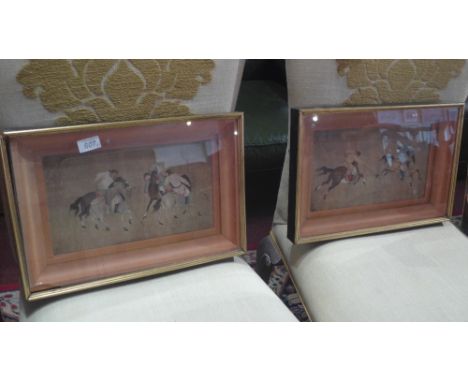 A pair of Oriental prints of riders on horseback playing a game, in gilt frames, L 45 x W 30cm 