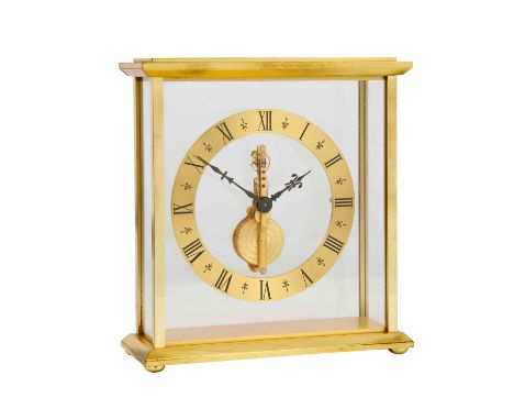 JAEGER-LECOULTRE STABWERK-TISCHUHR, Schweiz, 60er/70er Jahre, Messinggehäuse vierseitig verglast, im Zentrum vergoldetes 8-Ta