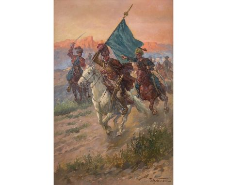 NEUMANN, FRITZ (1881-1919), "Reitende Kosaken mit blauer Flagge", im Hintergrund das Gebirge in orangerotem Morgenlicht, u.re